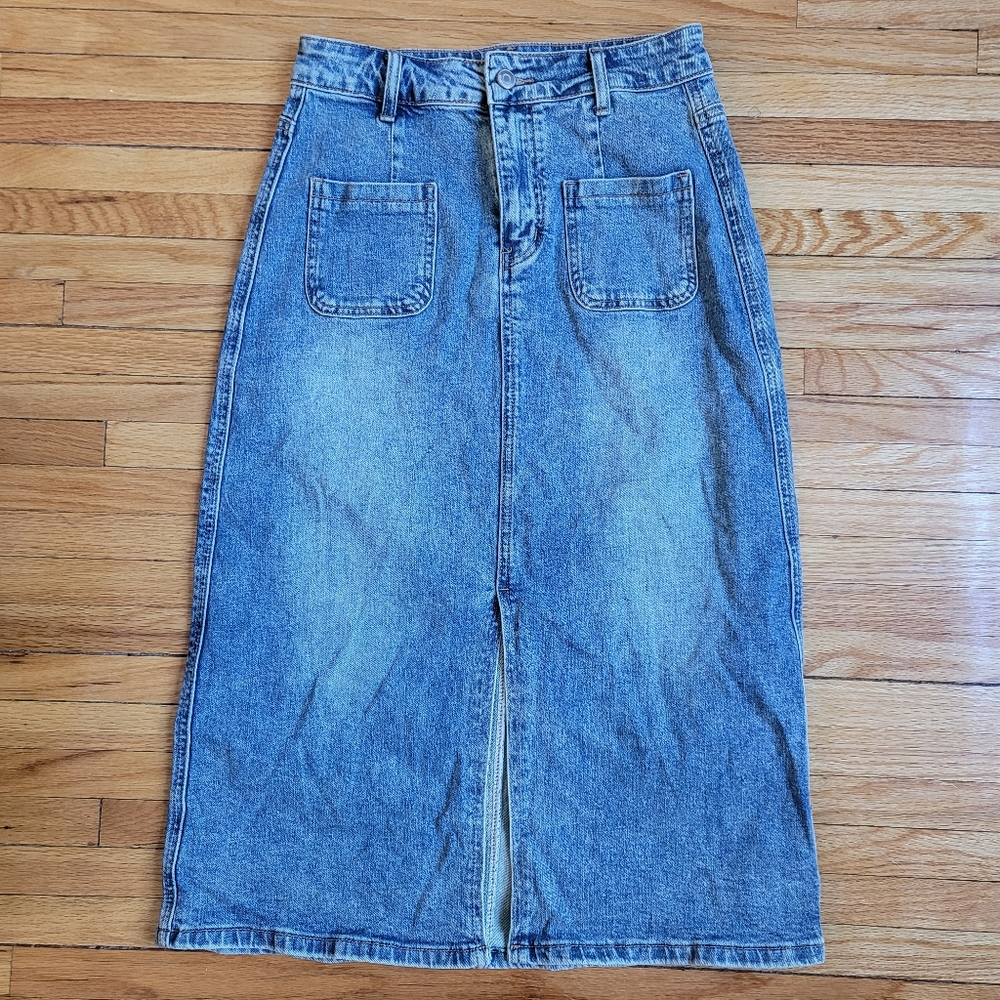 T.O.P. High-Waisted Denim Midi Skirt with Front Slit - Fits Small